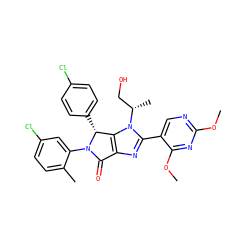 COc1ncc(-c2nc3c(n2[C@@H](C)CO)[C@@H](c2ccc(Cl)cc2)N(c2cc(Cl)ccc2C)C3=O)c(OC)n1 ZINC000169705637