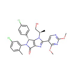 COc1ncc(-c2nc3c(n2[C@H](C)CO)[C@@H](c2ccc(Cl)cc2)N(c2cc(Cl)ccc2C)C3=O)c(OC)n1 ZINC000169705579
