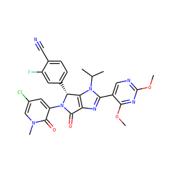 COc1ncc(-c2nc3c(n2C(C)C)[C@@H](c2ccc(C#N)c(F)c2)N(c2cc(Cl)cn(C)c2=O)C3=O)c(OC)n1 ZINC000169705811