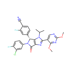 COc1ncc(-c2nc3c(n2C(C)C)[C@@H](c2ccc(C#N)c(F)c2)N(c2ccc(F)c(Cl)c2)C3=O)c(OC)n1 ZINC000169705871