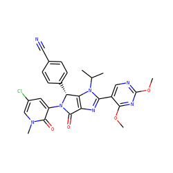 COc1ncc(-c2nc3c(n2C(C)C)[C@@H](c2ccc(C#N)cc2)N(c2cc(Cl)cn(C)c2=O)C3=O)c(OC)n1 ZINC000169705593