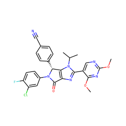 COc1ncc(-c2nc3c(n2C(C)C)[C@@H](c2ccc(C#N)cc2)N(c2ccc(F)c(Cl)c2)C3=O)c(OC)n1 ZINC000169705517