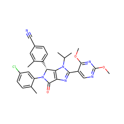 COc1ncc(-c2nc3c(n2C(C)C)[C@@H](c2ccc(C#N)cc2C)N(c2cc(Cl)ccc2C)C3=O)c(OC)n1 ZINC000169705693