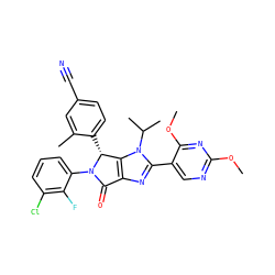 COc1ncc(-c2nc3c(n2C(C)C)[C@@H](c2ccc(C#N)cc2C)N(c2cccc(Cl)c2F)C3=O)c(OC)n1 ZINC000169705681
