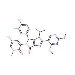 COc1ncc(-c2nc3c(n2C(C)C)[C@@H](c2ccc(Cl)c(F)c2)N(c2cc(Cl)cn(C)c2=O)C3=O)c(OC)n1 ZINC000169705813