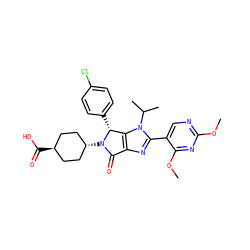 COc1ncc(-c2nc3c(n2C(C)C)[C@@H](c2ccc(Cl)cc2)N([C@H]2CC[C@H](C(=O)O)CC2)C3=O)c(OC)n1 ZINC000261147841