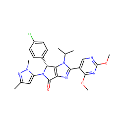 COc1ncc(-c2nc3c(n2C(C)C)[C@@H](c2ccc(Cl)cc2)N(c2cc(C)nn2C)C3=O)c(OC)n1 ZINC000169705539