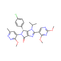 COc1ncc(-c2nc3c(n2C(C)C)[C@@H](c2ccc(Cl)cc2)N(c2cc(C)nnc2OC)C3=O)c(OC)n1 ZINC000169705835