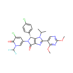 COc1ncc(-c2nc3c(n2C(C)C)[C@@H](c2ccc(Cl)cc2)N(c2cc(Cl)c(=O)n(C(F)F)c2)C3=O)c(OC)n1 ZINC000169705829