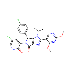 COc1ncc(-c2nc3c(n2C(C)C)[C@@H](c2ccc(Cl)cc2)N(c2cc(Cl)c[nH]c2=O)C3=O)c(OC)n1 ZINC000169705589