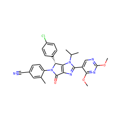 COc1ncc(-c2nc3c(n2C(C)C)[C@@H](c2ccc(Cl)cc2)N(c2ccc(C#N)cc2C)C3=O)c(OC)n1 ZINC000169705583