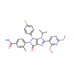 COc1ncc(-c2nc3c(n2C(C)C)[C@@H](c2ccc(Cl)cc2)N(c2ccc(C(N)=O)cc2C)C3=O)c(OC)n1 ZINC000169705546