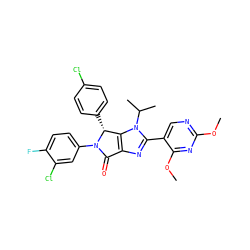 COc1ncc(-c2nc3c(n2C(C)C)[C@@H](c2ccc(Cl)cc2)N(c2ccc(F)c(Cl)c2)C3=O)c(OC)n1 ZINC000169705711