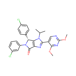 COc1ncc(-c2nc3c(n2C(C)C)[C@@H](c2ccc(Cl)cc2)N(c2cccc(Cl)c2)C3=O)c(OC)n1 ZINC000169705725