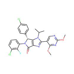 COc1ncc(-c2nc3c(n2C(C)C)[C@@H](c2ccc(Cl)cc2)N(c2cccc(Cl)c2F)C3=O)c(OC)n1 ZINC000169705721