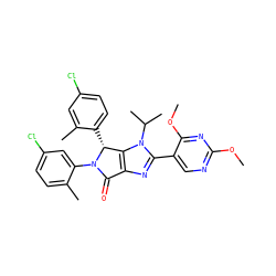 COc1ncc(-c2nc3c(n2C(C)C)[C@@H](c2ccc(Cl)cc2C)N(c2cc(Cl)ccc2C)C3=O)c(OC)n1 ZINC000169705371