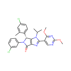 COc1ncc(-c2nc3c(n2C(C)C)[C@@H](c2ccc(Cl)cc2C)N(c2cccc(Cl)c2)C3=O)c(OC)n1 ZINC000169705731