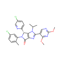 COc1ncc(-c2nc3c(n2C(C)C)[C@@H](c2ccc(Cl)cn2)N(c2cc(Cl)ccc2C)C3=O)c(OC)n1 ZINC000169705807