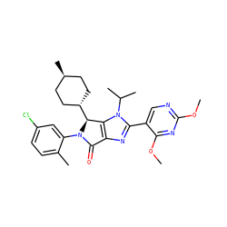COc1ncc(-c2nc3c(n2C(C)C)[C@H]([C@H]2CC[C@H](C)CC2)N(c2cc(Cl)ccc2C)C3=O)c(OC)n1 ZINC000261158097