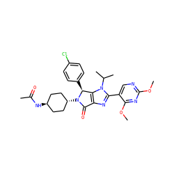 COc1ncc(-c2nc3c(n2C(C)C)[C@H](c2ccc(Cl)cc2)N([C@H]2CC[C@H](NC(C)=O)CC2)C3=O)c(OC)n1 ZINC000261175799