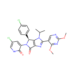 COc1ncc(-c2nc3c(n2C(C)C)[C@H](c2ccc(Cl)cc2)N(c2cc(Cl)c[nH]c2=O)C3=O)c(OC)n1 ZINC000169705590