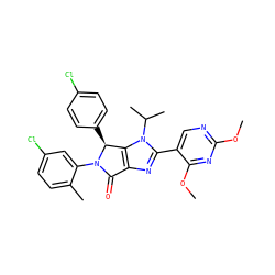 COc1ncc(-c2nc3c(n2C(C)C)[C@H](c2ccc(Cl)cc2)N(c2cc(Cl)ccc2C)C3=O)c(OC)n1 ZINC000169705412