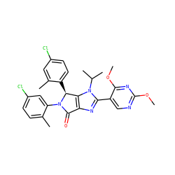 COc1ncc(-c2nc3c(n2C(C)C)[C@H](c2ccc(Cl)cc2C)N(c2cc(Cl)ccc2C)C3=O)c(OC)n1 ZINC000169705372