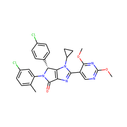 COc1ncc(-c2nc3c(n2C2CC2)[C@@H](c2ccc(Cl)cc2)N(c2cc(Cl)ccc2C)C3=O)c(OC)n1 ZINC000169705679