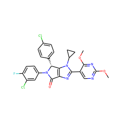 COc1ncc(-c2nc3c(n2C2CC2)[C@@H](c2ccc(Cl)cc2)N(c2ccc(F)c(Cl)c2)C3=O)c(OC)n1 ZINC000169705534