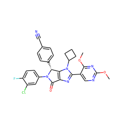 COc1ncc(-c2nc3c(n2C2CCC2)[C@@H](c2ccc(C#N)cc2)N(c2ccc(F)c(Cl)c2)C3=O)c(OC)n1 ZINC000169705531
