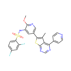 COc1ncc(-c2sc3ncnc(-c4ccncc4)c3c2C)cc1NS(=O)(=O)c1ccc(F)cc1F ZINC000473111617