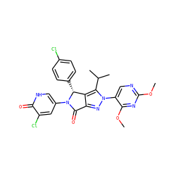 COc1ncc(-n2nc3c(c2C(C)C)[C@@H](c2ccc(Cl)cc2)N(c2c[nH]c(=O)c(Cl)c2)C3=O)c(OC)n1 ZINC000224080713