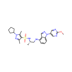 COc1ncc(-n2ncc3c(NC[C@H](C)NS(=O)(=O)c4c(C)nn(C5CCCC5)c4C)cccc32)cn1 ZINC000137422124