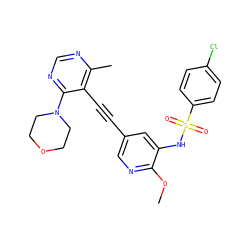 COc1ncc(C#Cc2c(C)ncnc2N2CCOCC2)cc1NS(=O)(=O)c1ccc(Cl)cc1 ZINC000169697522