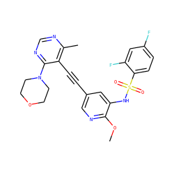 COc1ncc(C#Cc2c(C)ncnc2N2CCOCC2)cc1NS(=O)(=O)c1ccc(F)cc1F ZINC000169697496