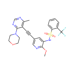 COc1ncc(C#Cc2c(C)ncnc2N2CCOCC2)cc1NS(=O)(=O)c1ccccc1C(F)(F)F ZINC000169697521