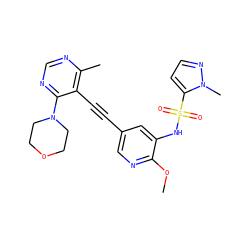 COc1ncc(C#Cc2c(C)ncnc2N2CCOCC2)cc1NS(=O)(=O)c1ccnn1C ZINC000169697525