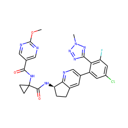 COc1ncc(C(=O)NC2(C(=O)N[C@@H]3CCc4cc(-c5cc(Cl)cc(F)c5-c5nnn(C)n5)cnc43)CC2)cn1 ZINC000142225690