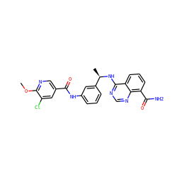 COc1ncc(C(=O)Nc2cccc([C@@H](C)Nc3ncnc4c(C(N)=O)cccc34)c2)cc1Cl ZINC000114345550