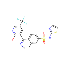 COc1ncc(C(F)(F)F)cc1-c1nccc2cc(S(=O)(=O)Nc3nccs3)ccc12 ZINC000225114947