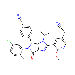 COc1ncc(CC#N)cc1-c1nc2c(n1C(C)C)[C@@H](c1ccc(C#N)cc1)N(c1cc(Cl)ccc1C)C2=O ZINC000169705607