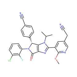 COc1ncc(CC#N)cc1-c1nc2c(n1C(C)C)[C@@H](c1ccc(C#N)cc1)N(c1cccc(Cl)c1F)C2=O ZINC000169705609