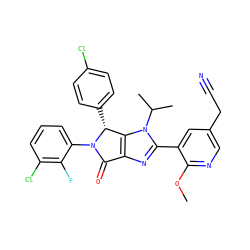 COc1ncc(CC#N)cc1-c1nc2c(n1C(C)C)[C@@H](c1ccc(Cl)cc1)N(c1cccc(Cl)c1F)C2=O ZINC000169705611