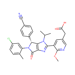 COc1ncc(CC(=O)O)cc1-c1nc2c(n1C(C)C)[C@@H](c1ccc(C#N)cc1)N(c1cc(Cl)ccc1C)C2=O ZINC000169705631