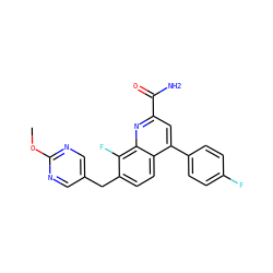 COc1ncc(Cc2ccc3c(-c4ccc(F)cc4)cc(C(N)=O)nc3c2F)cn1 ZINC000221619646
