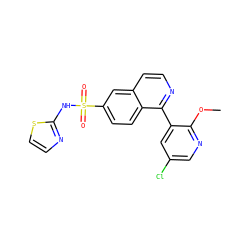 COc1ncc(Cl)cc1-c1nccc2cc(S(=O)(=O)Nc3nccs3)ccc12 ZINC000206096991