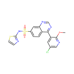 COc1ncc(Cl)cc1-c1ncnc2cc(S(=O)(=O)Nc3nccs3)ccc12 ZINC000225129576