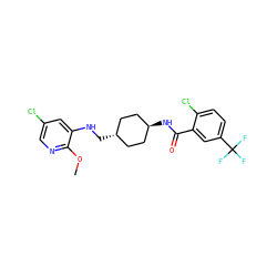 COc1ncc(Cl)cc1NC[C@H]1CC[C@H](NC(=O)c2cc(C(F)(F)F)ccc2Cl)CC1 ZINC000261153869