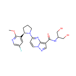 COc1ncc(F)cc1[C@H]1CCCN1c1ccn2ncc(C(=O)NC(CO)CO)c2n1 ZINC000169704231
