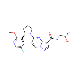 COc1ncc(F)cc1[C@H]1CCCN1c1ccn2ncc(C(=O)NC[C@H](C)O)c2n1 ZINC000169704229